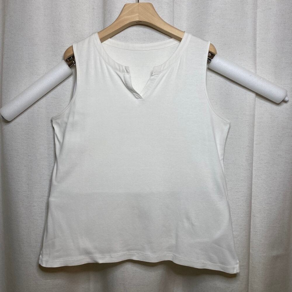 Talbots White Cotton Split Neck Sleeveless Top Coastal Grandmother Preppy Sz M